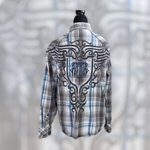 Roar Men's Gray and Blue Plaid Shirt with Embroidery Size L